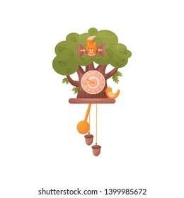 Wall clock in the form of a tree. Squirrel looks out of the window, the bird sits in front of the house. Vector illustration on white background.