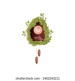 Wall clock in the form of a wreath of oak leaves. Elk grazes inside. Vector illustration on a white background.