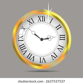 Wall clock in a golden case on a gray background. Vector art illustration