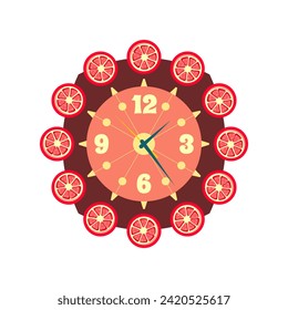Wall clock with grapefruit round slices on a white background. Vector illustration in flat style.