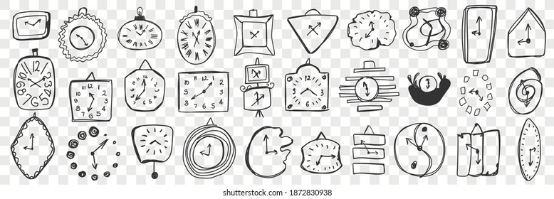 Wall clock hand drawn doodle set