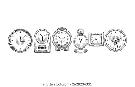 coleção de doodle de gravura desenhada à mão do relógio de parede