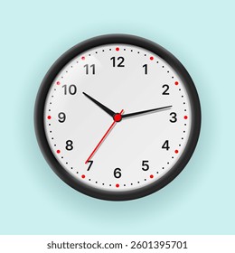 Wall clock with hands and white dial with numbers isolated on light background. Vector 3d illustration.