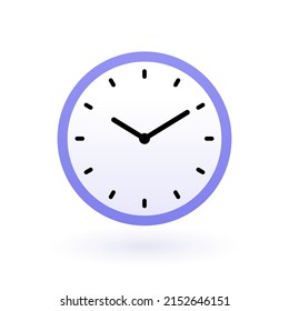 Wall clock with hour and minute hands in classic style. Simple modern design element for business, technology concept. Flat illustration of round clock Isolated on white background