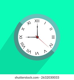Wall clock icon, clock face design in flat style with shadow, watch sign, timer isolated symbol, office watch clip art, business icon concept for web, app, and creative projects, vector illustration.