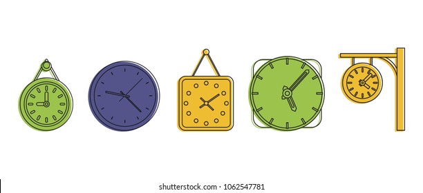 Wall clock icon set. Color outline set of wall clock vector icons for web design isolated on white background