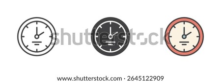 Wall clock icon showing time in line, solid and colorful filled outline style. Vector office time management or scheduling symbol icon.