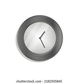 Wall clock icon. Wall clock in a wooden case. The clock casts a shadow. Retro style, black and white. Stock vector illustration of a wall clock. Isolated white background.