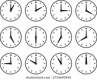 Wall clock icons set, Set of 12 minimalist round analog clocks showing all hours, with tick marks only, clean vector style, isolated on white background