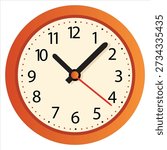 wall clock isolated vector illustration on white. Orange color wall clock with transparent background	