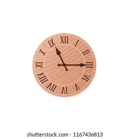 Wall clock isolated. Vector. Round wooden clock with Roman numeral. Iicon in flat design on white background. Cartoon illustration.