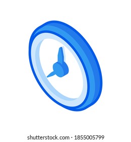 Wall clock isometric vector icon. Blue graphic dial with arrows. Chronometer timer ticking speed indicator and time measurement. Round movement with alarm and long precise operation.