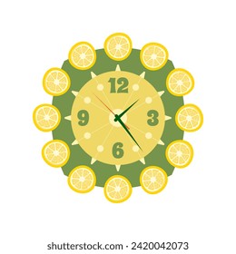Wall clock with lemons on a white background. Vector illustration in flat style