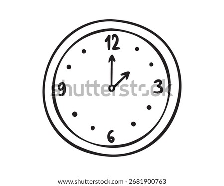Wall clock, line art school doodle, outline contour, monochrome, hand drawn. Vector illustration.