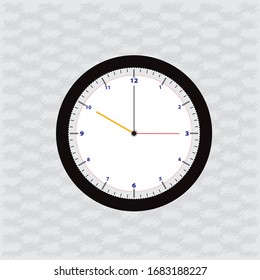 Wall Clock logo design vector. White clock hanging at the wall. Analog Wall Clock icon isolated on a grey texture background. Vector illustration flat design with grey pattern. Watch icon ai element.