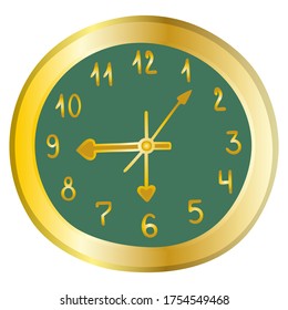 Wall clock mechanical. Gold. Numbers and arrows. Color vector illustration. Room design element on an isolated white background. Cartoon style. Hours, minutes, seconds. Time management.