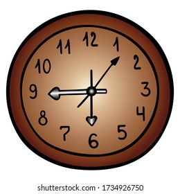 Wall clock mechanical. Numbers and arrows. Color vector illustration. Room design element on an isolated white background. Cartoon style. Hours, minutes, seconds. Time management.