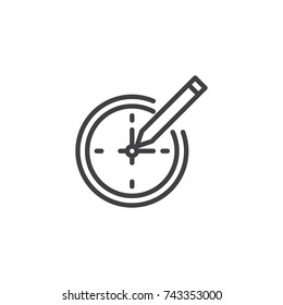 Wall clock and pen line icon, outline vector sign, linear style pictogram isolated on white. Time management symbol, logo illustration. Editable stroke