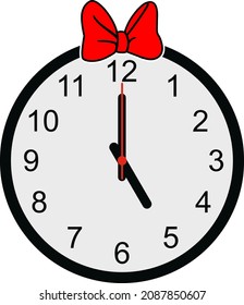 Wall Clock with red Bow tie on white background. Vector