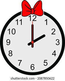 Wall Clock with red Bow tie on white background. Vector