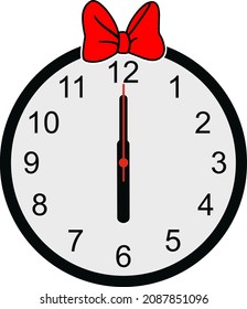 Wall Clock with red Bow tie on white background. Vector