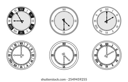 relógio de parede, relógio de parede romano com numeral latino set vetor ilustração isolado no fundo branco.