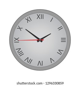 Wall clock with Roman numerals isolated on white background, vector mockup for design.