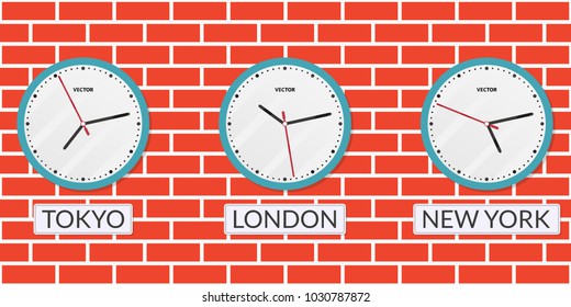 Wall clock set with different time zones isolated on the brick wall. London, New York, Tokyo time difference. Vector illustration.