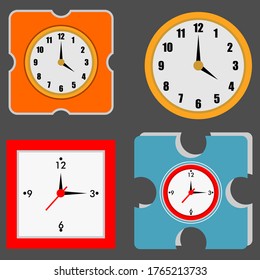 Wall clock set. Vector clocks icons. Mockups for design from different angles. Isolated on a gray background. Vector illustration.