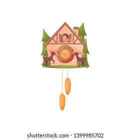 Wall clock in the shape of a house. The bird looks out of the window. Two moose stand in front of the house. Vector illustration on white background.