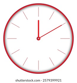 Wall Clock Showing 00.10 or 12.10 O'clock on White Surface red hands and red outer body  - Perfect for Time Management and Scheduling Concepts vector illustration isolated on white background