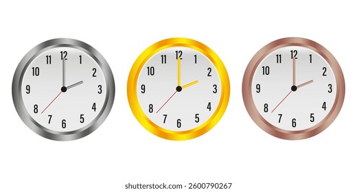 Wall clock. Silver gold bronze. Time indicator. Classic round shape.