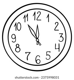 Wall Clock. Sketch. The time is five minutes before the new year. Vector illustration. Round, mechanical watch with hands. Arabic numerals on the mechanism. Doodle style. 