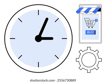 A wall clock, a smartphone with a shopping app notification, and a gear symbolize efficient time management, online shopping, and e-commerce. Ideal for business, productivity, technology, e-commerce