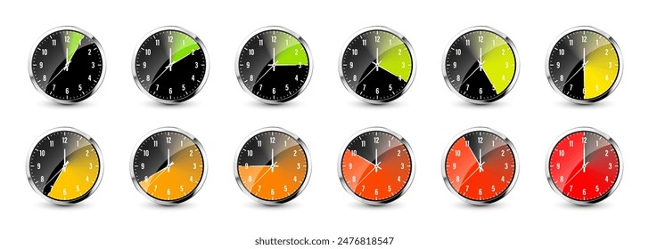 Wall clock, stopwatch icons. Shiny metal chronometer, time counter with dial. Colorful countdown timer showing minutes and seconds. Time measurement for sport, start and finish. Vector illustration