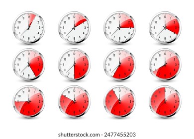 Wall clock, stopwatch icons. Shiny metal chronometer, time counter with dial. Red countdown timer showing minutes and seconds. Time measurement for sport, start and finish. Vector illustration
