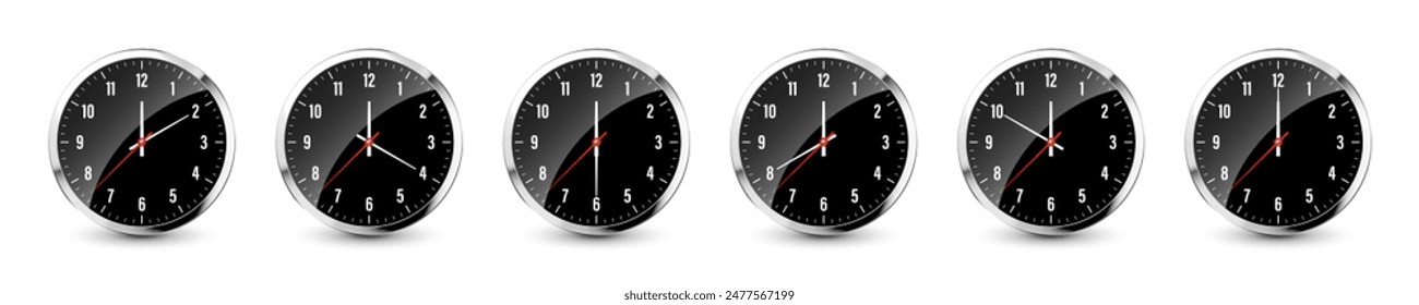 Wall clock, stopwatch icons. Shiny metal chronometer, time counter with dial. Countdown timer showing minutes and seconds. Time measurement for sport, start and finish. Vector illustration