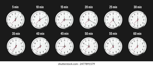 Reloj de pared, iconos de cronómetro. Cronómetro de metal brillante, contador de tiempo con esfera. Temporizador de cuenta atrás que muestra minutos y segundos. Medición de tiempo para el deporte, inicio y final. Ilustración vectorial.