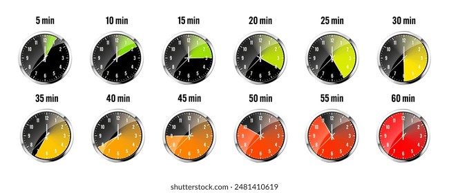 Wall clock, stopwatch icons. Shiny metal chronometer, time counter with dial. Colorful countdown timer showing minutes and seconds. Time measurement for sport, start and finish. Vector illustration