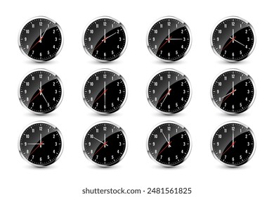 Wall clock, stopwatch icons. Shiny metal chronometer, time counter with dial. Countdown timer showing minutes and seconds. Time measurement for sport, start and finish. Vector illustration