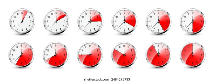 Wall clock, stopwatch icons. Shiny metal chronometer, time counter with dial. Red countdown timer showing minutes and seconds. Time measurement for sport, start and finish. Vector illustration
