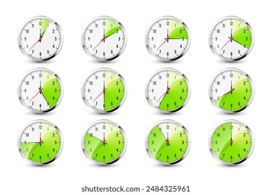 Wall clock, stopwatch icons. Shiny metal chronometer, time counter with dial. Green countdown timer showing minutes and seconds. Time measurement for sport, start and finish. Vector illustration
