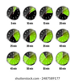 Wall clock, stopwatch icons. Shiny metal chronometer, time counter with dial. Green countdown timer showing minutes and seconds. Time measurement for sport, start and finish. Vector illustration