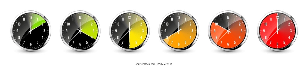 Wall clock, stopwatch icons. Shiny metal chronometer, time counter with dial. Colorful countdown timer showing minutes and seconds. Time measurement for sport, start and finish. Vector illustration