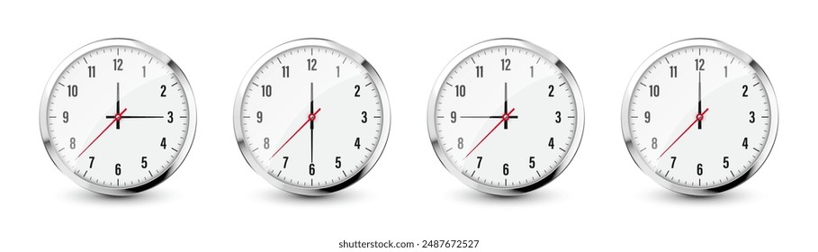 Wall clock, stopwatch icons. Shiny metal chronometer, time counter with dial. Countdown timer showing minutes and seconds. Time measurement for sport, start and finish. Vector illustration