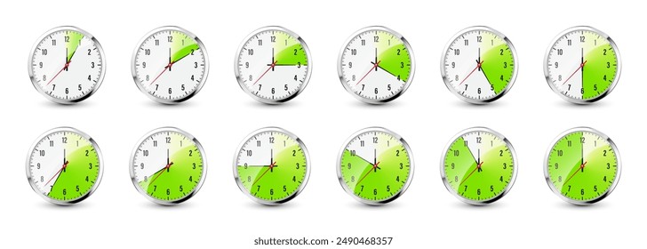 Wall clock, stopwatch icons. Shiny metal chronometer, time counter with dial. Green countdown timer showing minutes and seconds. Time measurement for sport, start and finish. Vector illustration