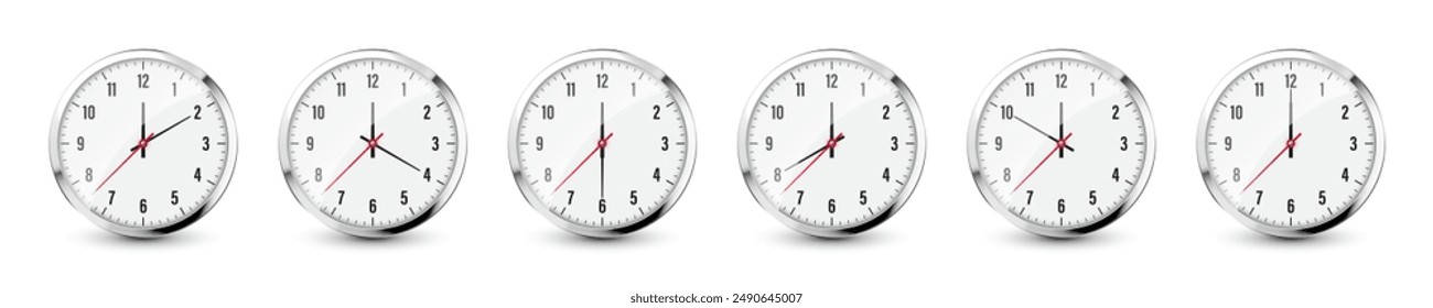 Wall clock, stopwatch icons. Shiny metal chronometer, time counter with dial. Countdown timer showing minutes and seconds. Time measurement for sport, start and finish. Vector illustration