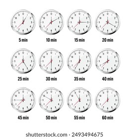 Wall clock, stopwatch icons. Shiny metal chronometer, time counter with dial. Countdown timer showing minutes and seconds. Time measurement for sport, start and finish. Vector illustration