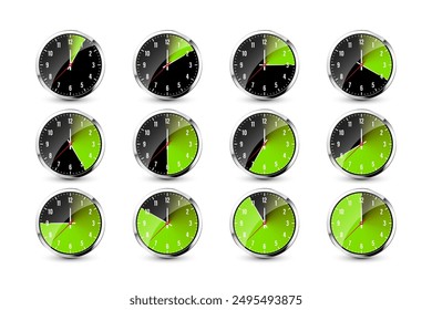 Wanduhr, Stoppuhr-Icons. Glänzender Metallchronometer, Zeitzähler mit Zifferblatt. Grüner Countdown-Timer mit Minuten und Sekunden. Zeitmessung für Sport, Start und Ziel. Vektorillustration.