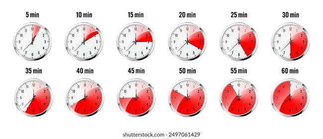 Wall clock, stopwatch icons. Shiny metal chronometer, time counter with dial. Red countdown timer showing minutes and seconds. Time measurement for sport, start and finish. Vector illustration